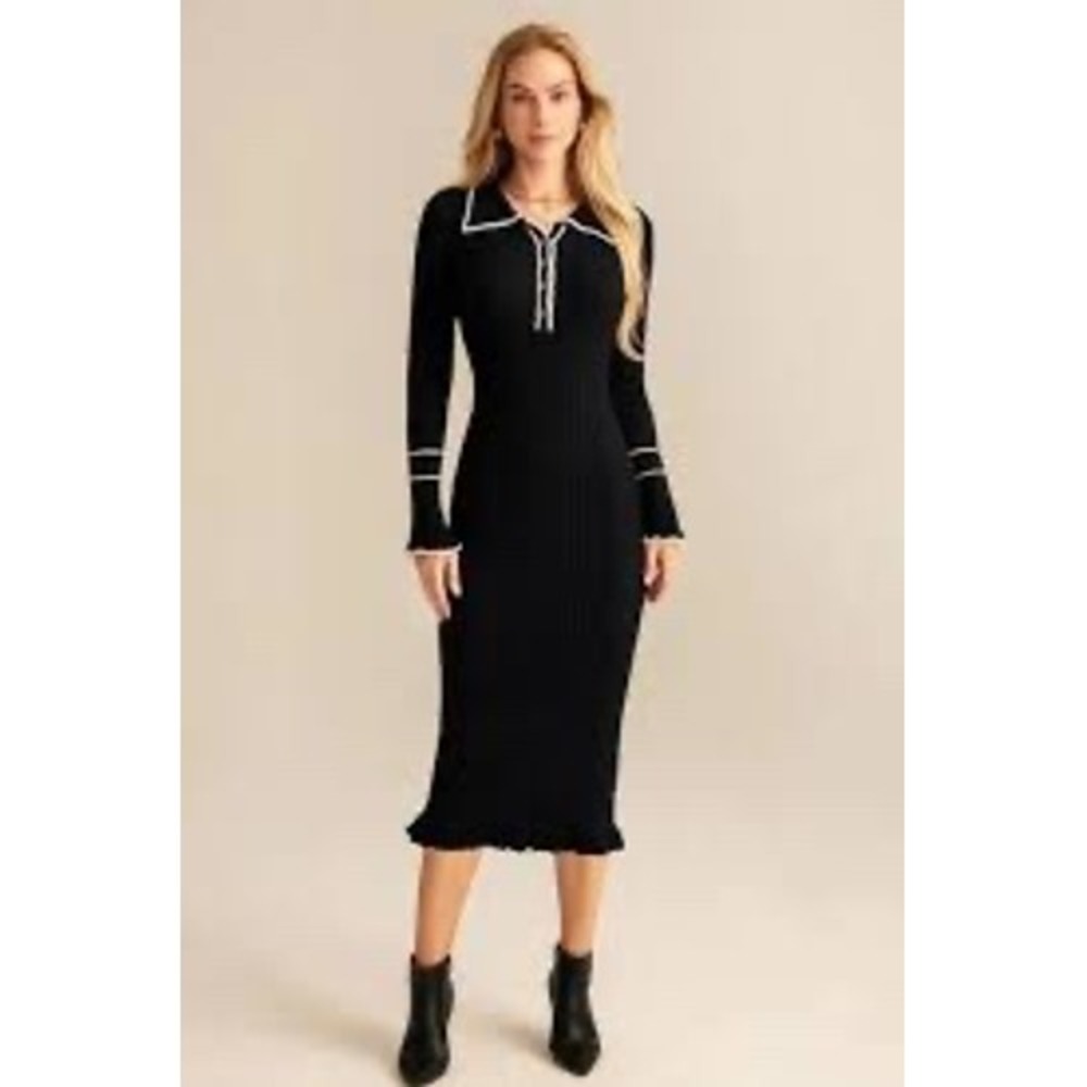 Grace Karin Black Ribbed Knit Polo Midi Dress Long Sleeve White Trim 2XL NEW